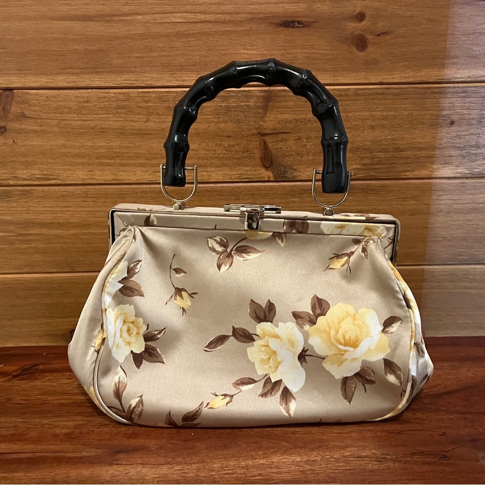 Satin Floral Beige/Gold Handbag with Black Wood Handle